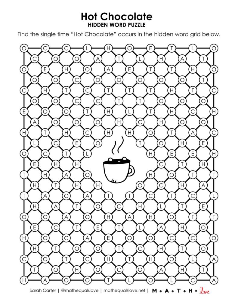 screenshot of hot chocolate hidden word puzzle.