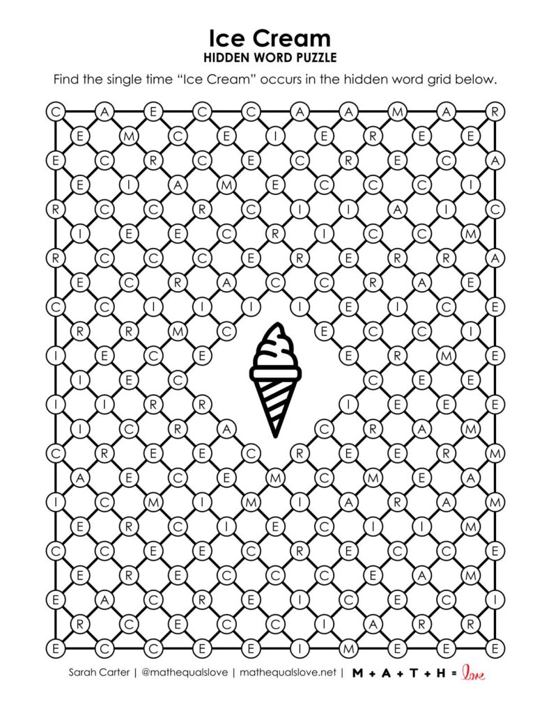 screenshot of ice cream hidden word puzzle for summer.