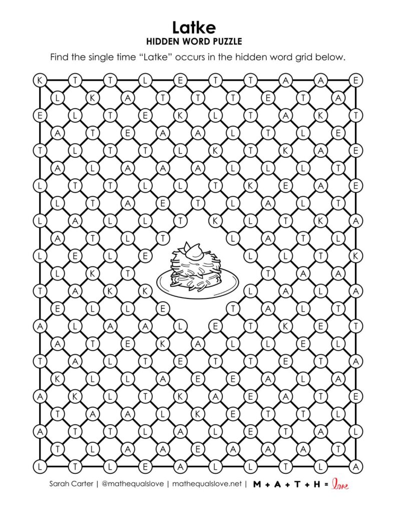screenshot of latke hidden word puzzle for hanukkah.