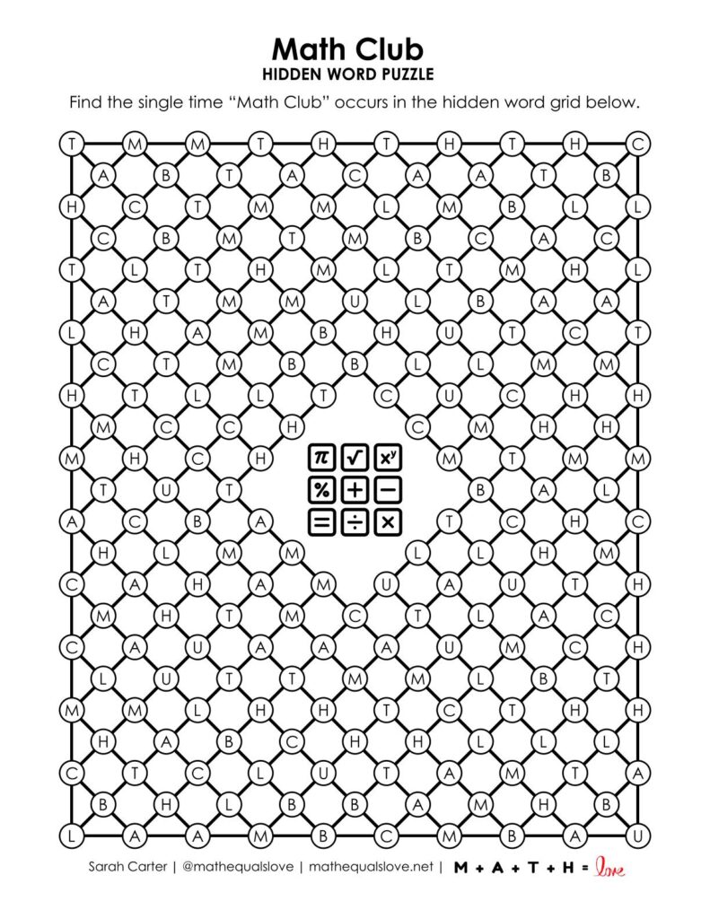 screenshot of math club hidden word puzzle.