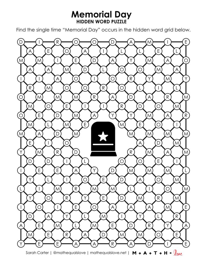 screenshot of memorial day hidden word puzzle.