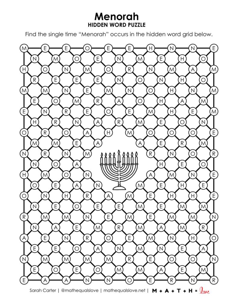 screenshot of menorah hidden word puzzle for chanukah.