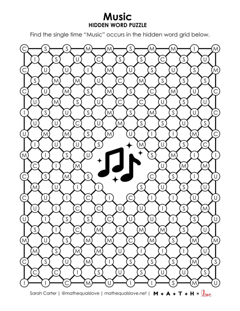 screenshot of music hidden word puzzle.