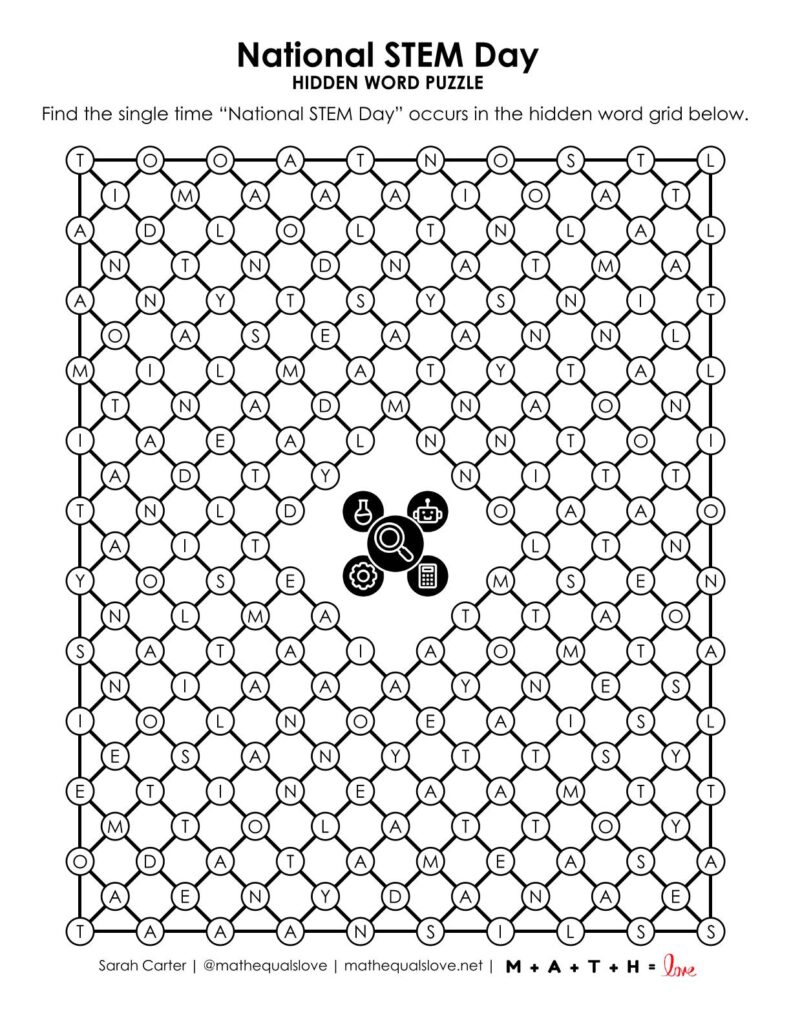 national stem day hidden word puzzle.