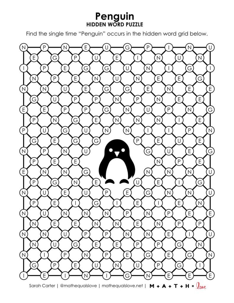 screenshot of penguin hidden word puzzle.