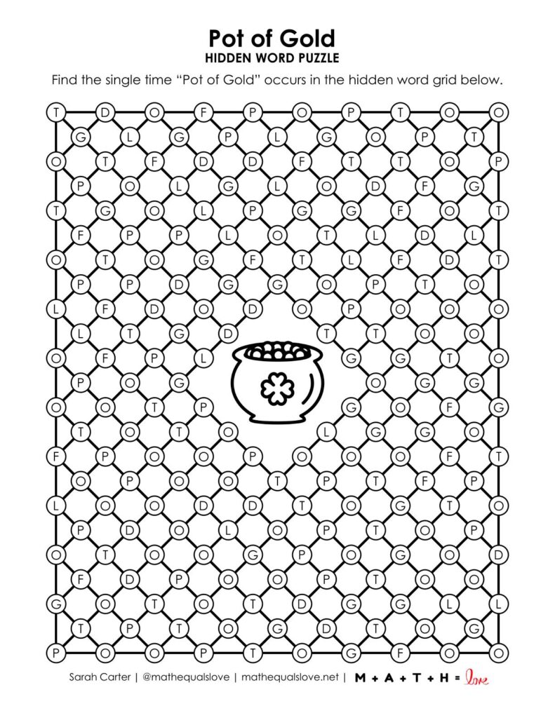 pot of gold hidden word puzzle worksheet for st. patrick's day.