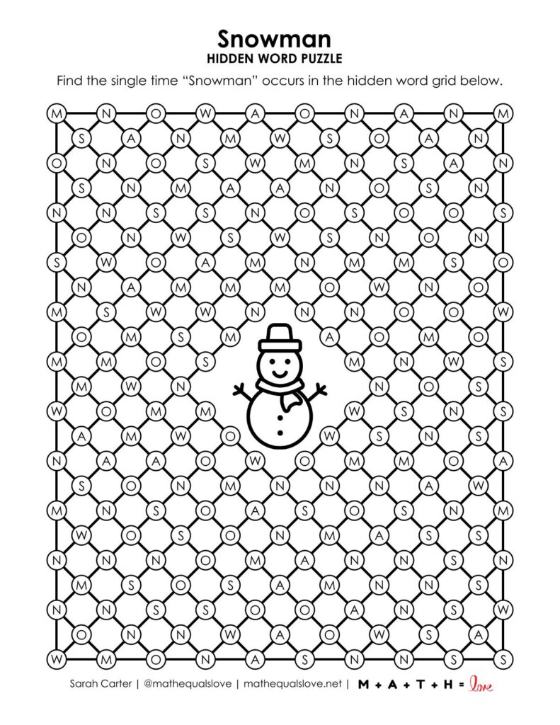 screenshot of snowman hidden word puzzle for winter.