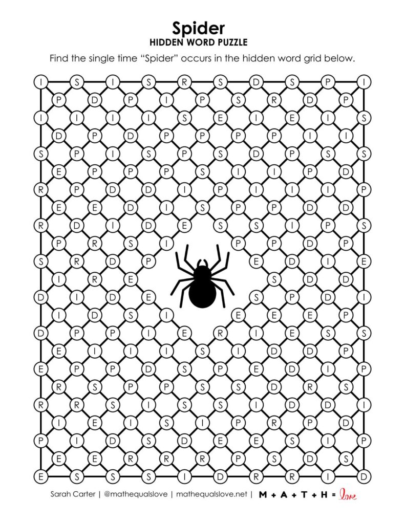 spider hidden word puzzle for halloween.