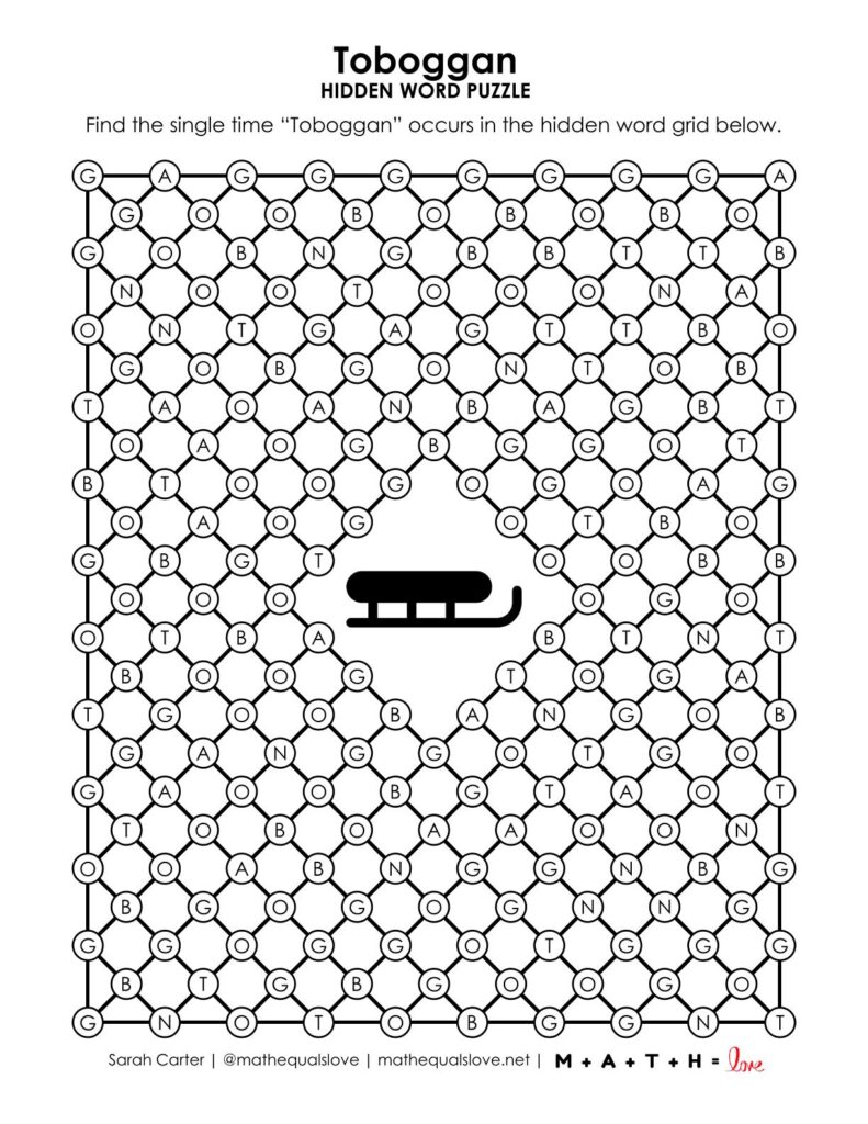 screenshot of toboggan hidden word puzzle for winter.