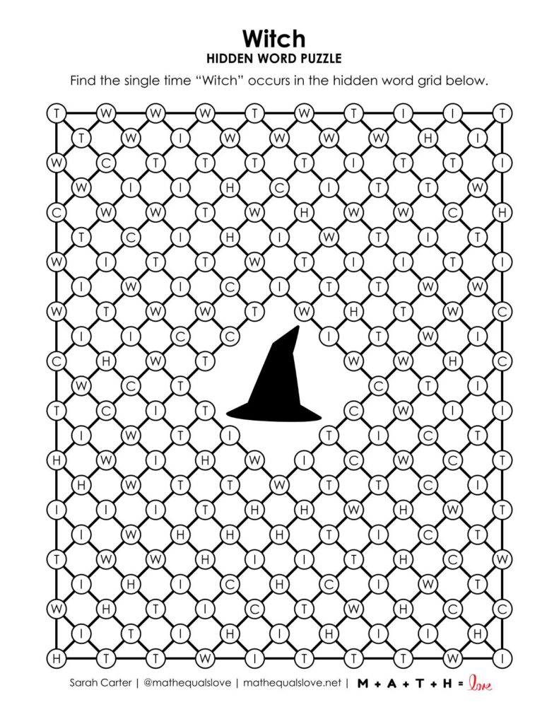 screenshot of witch hidden word puzzle for halloween.
