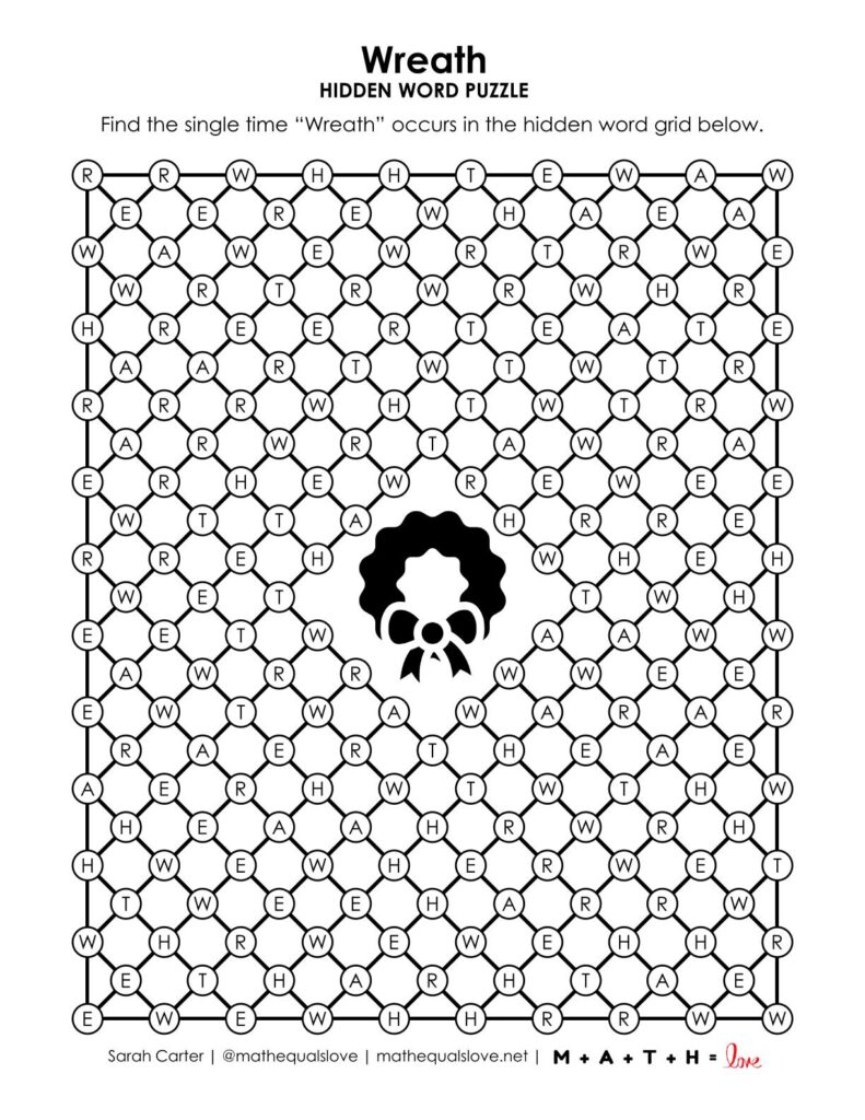 wreath hidden word puzzle for christmas.
