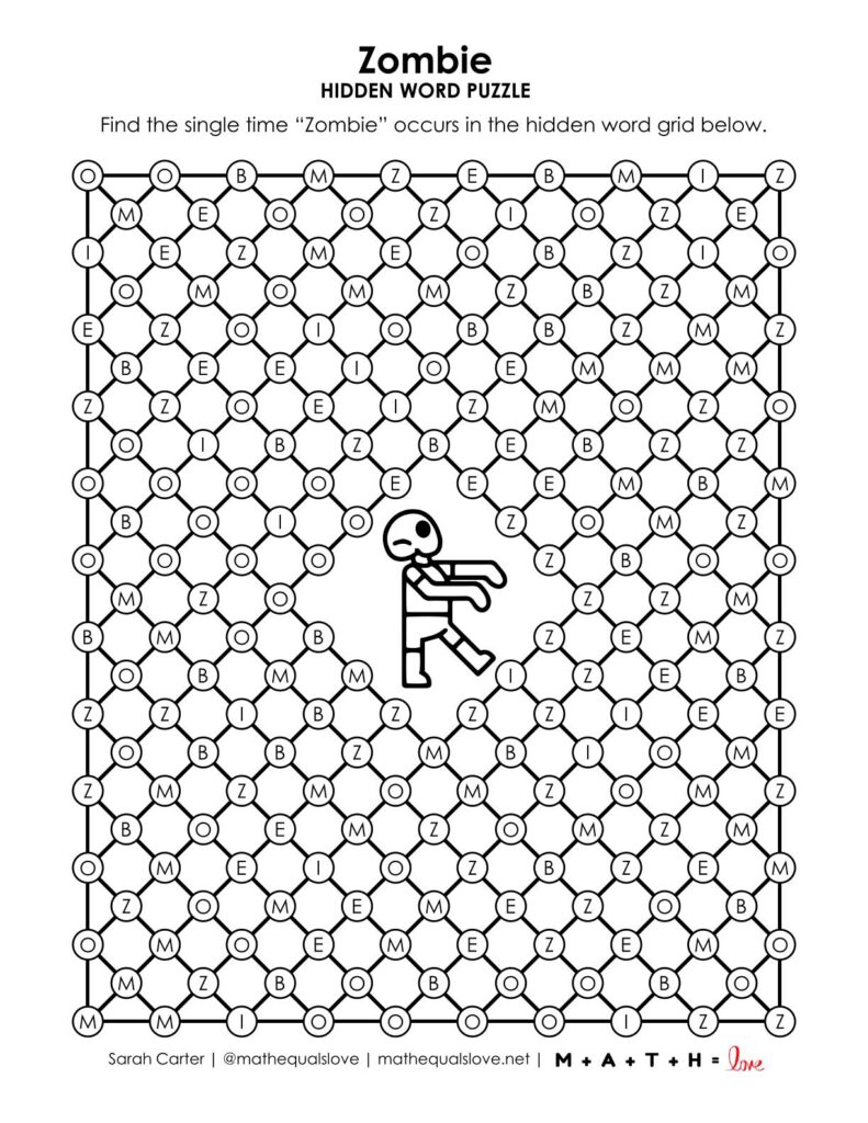 zombie hidden word puzzle for halloween.