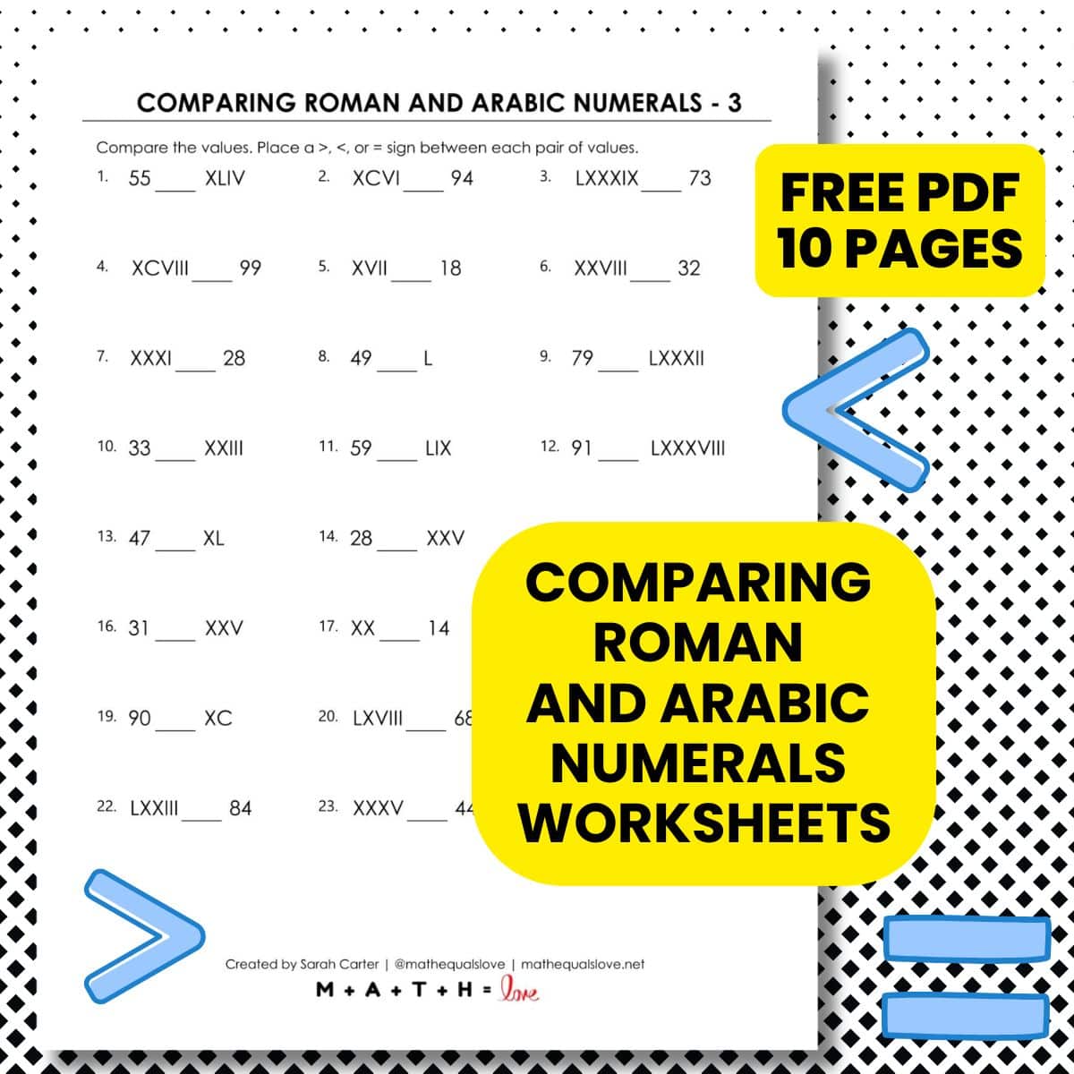 free printable worksheets for comparing arabic and roman numerals with inequality symbols.