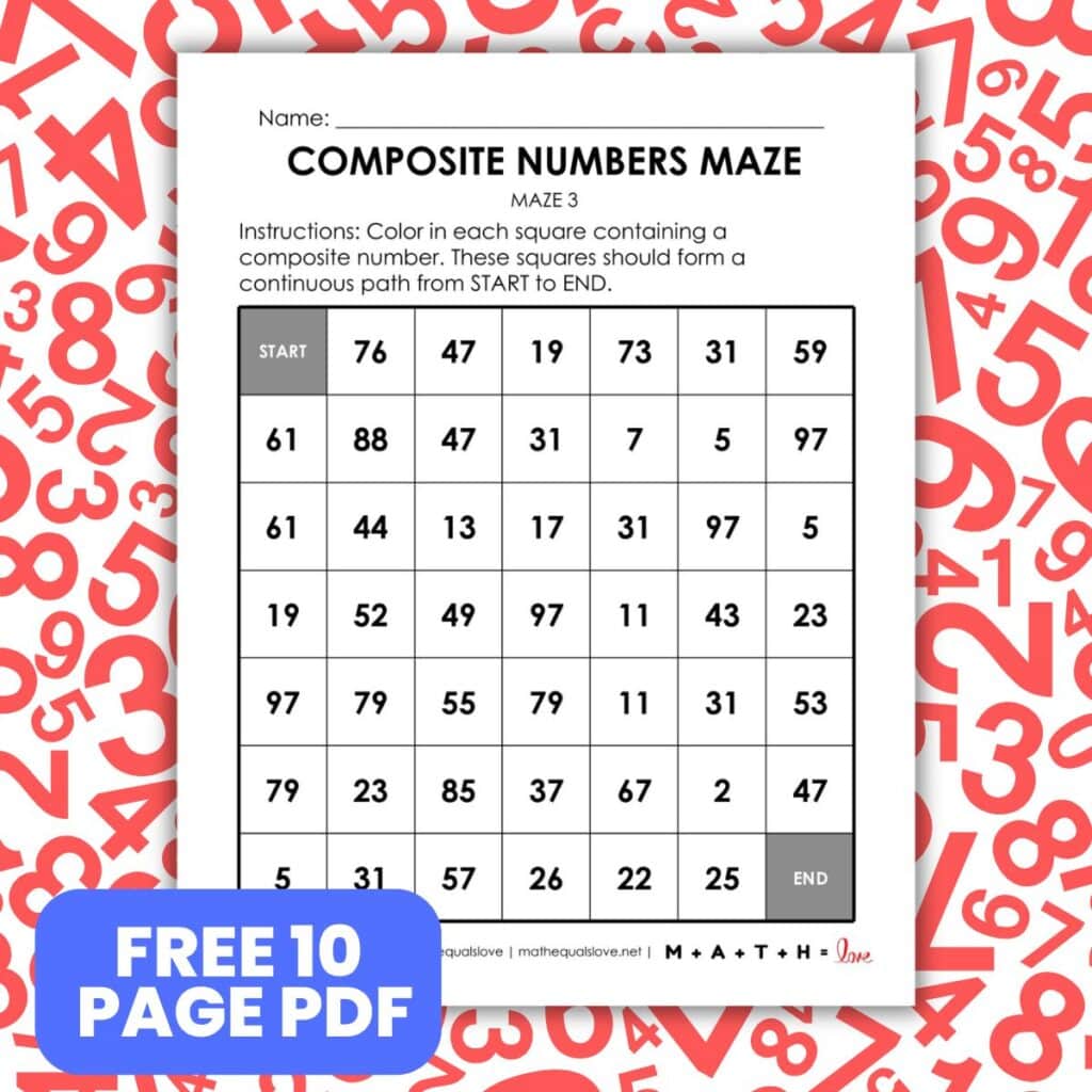 composite numbers math maze worksheets.