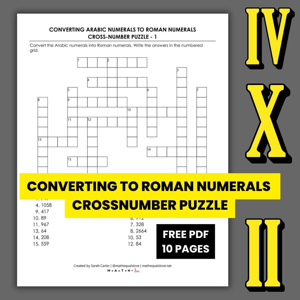 crossnumber puzzle over converting arabic numerals to roman numerals.