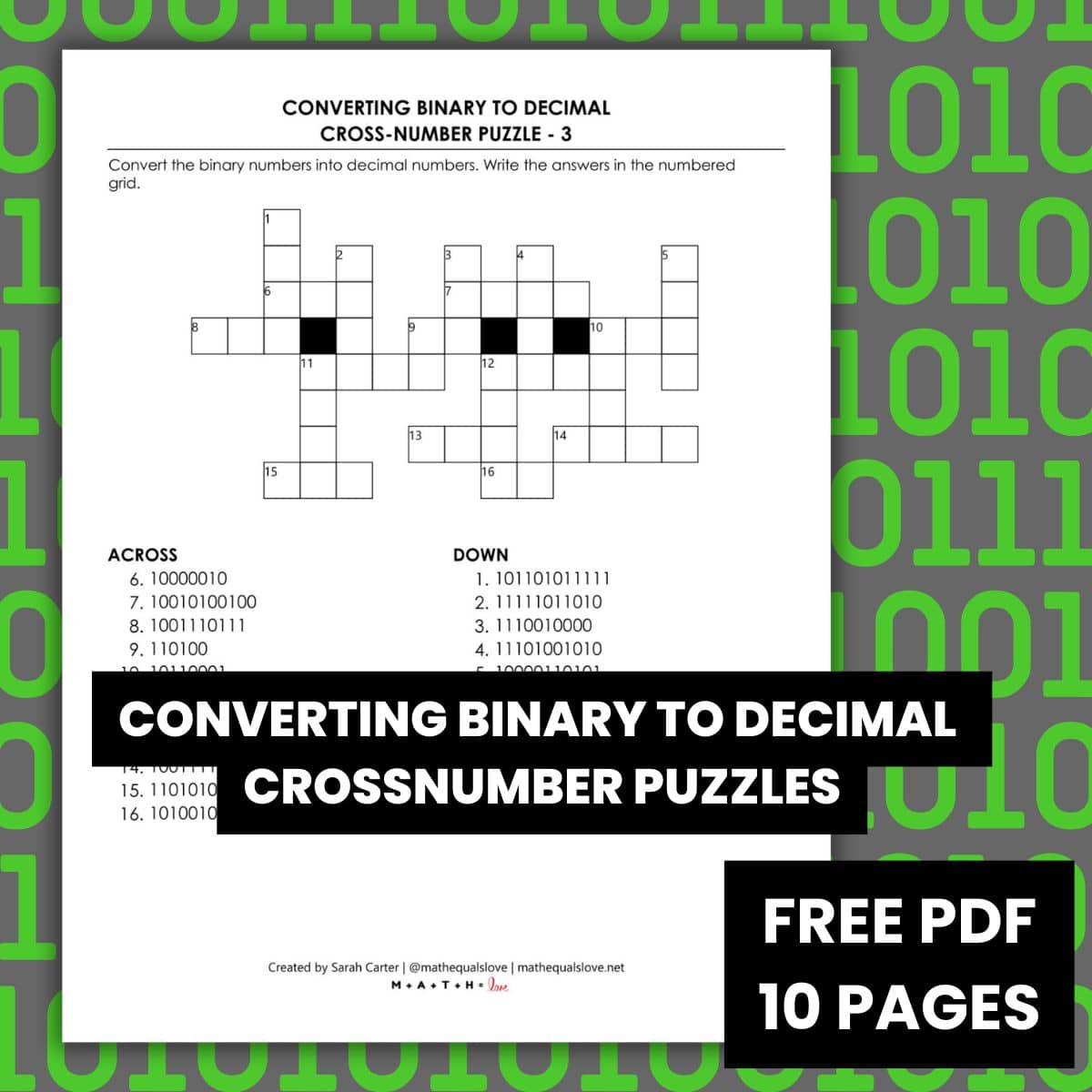 Converting Binary to Decimal Crossnumber Puzzles | Math = Love