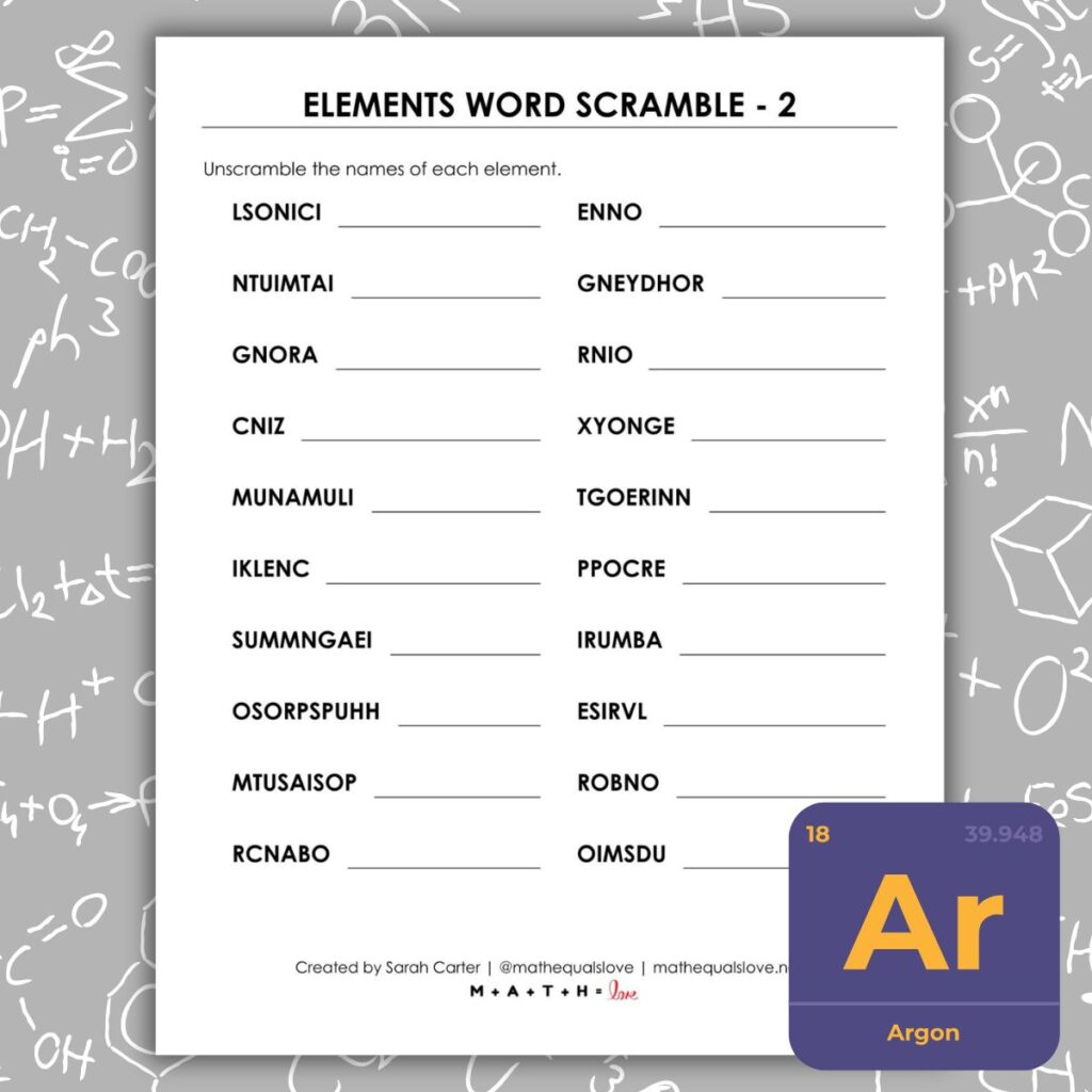periodic table of the elements word scramble puzzle.