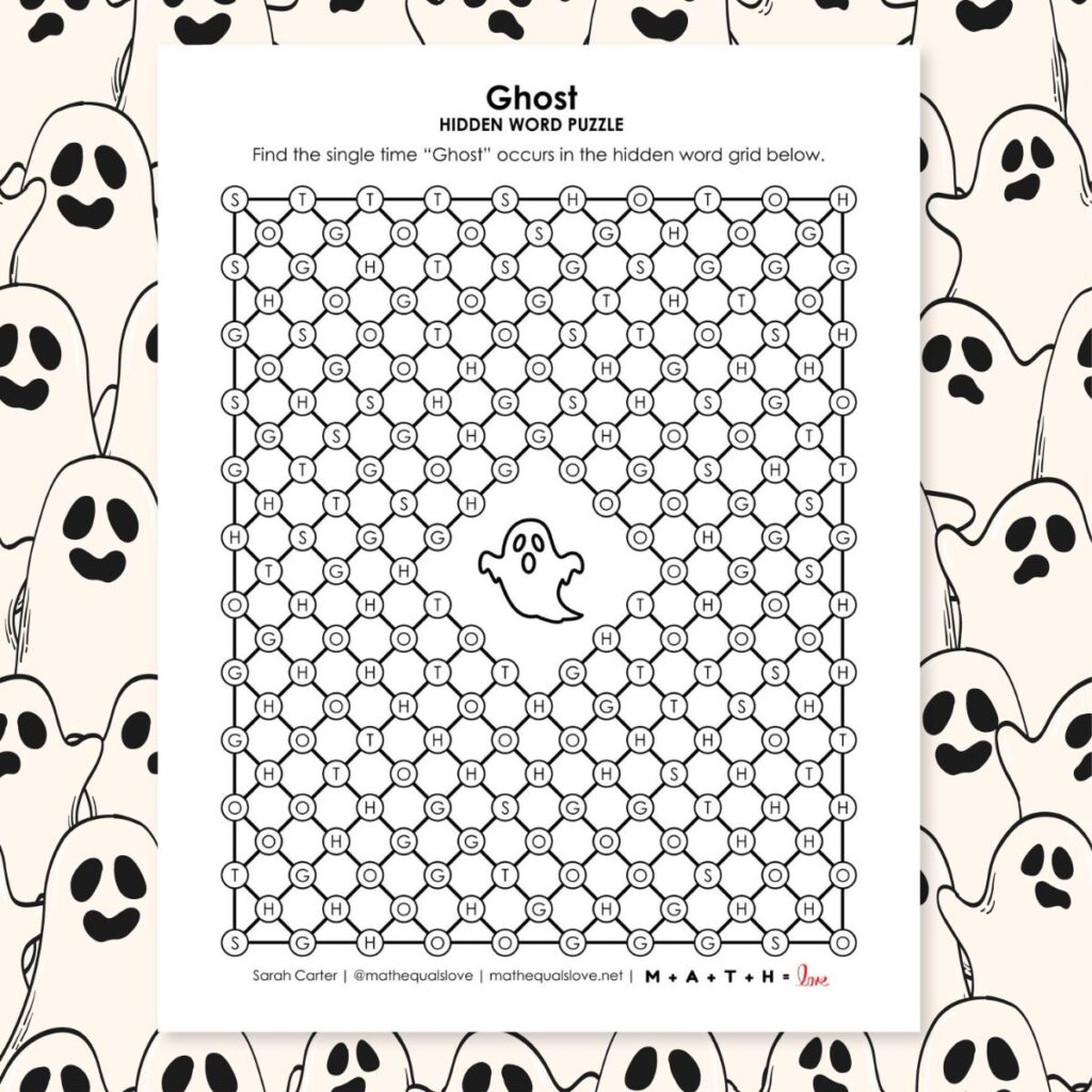 ghost hidden word puzzle for halloween.