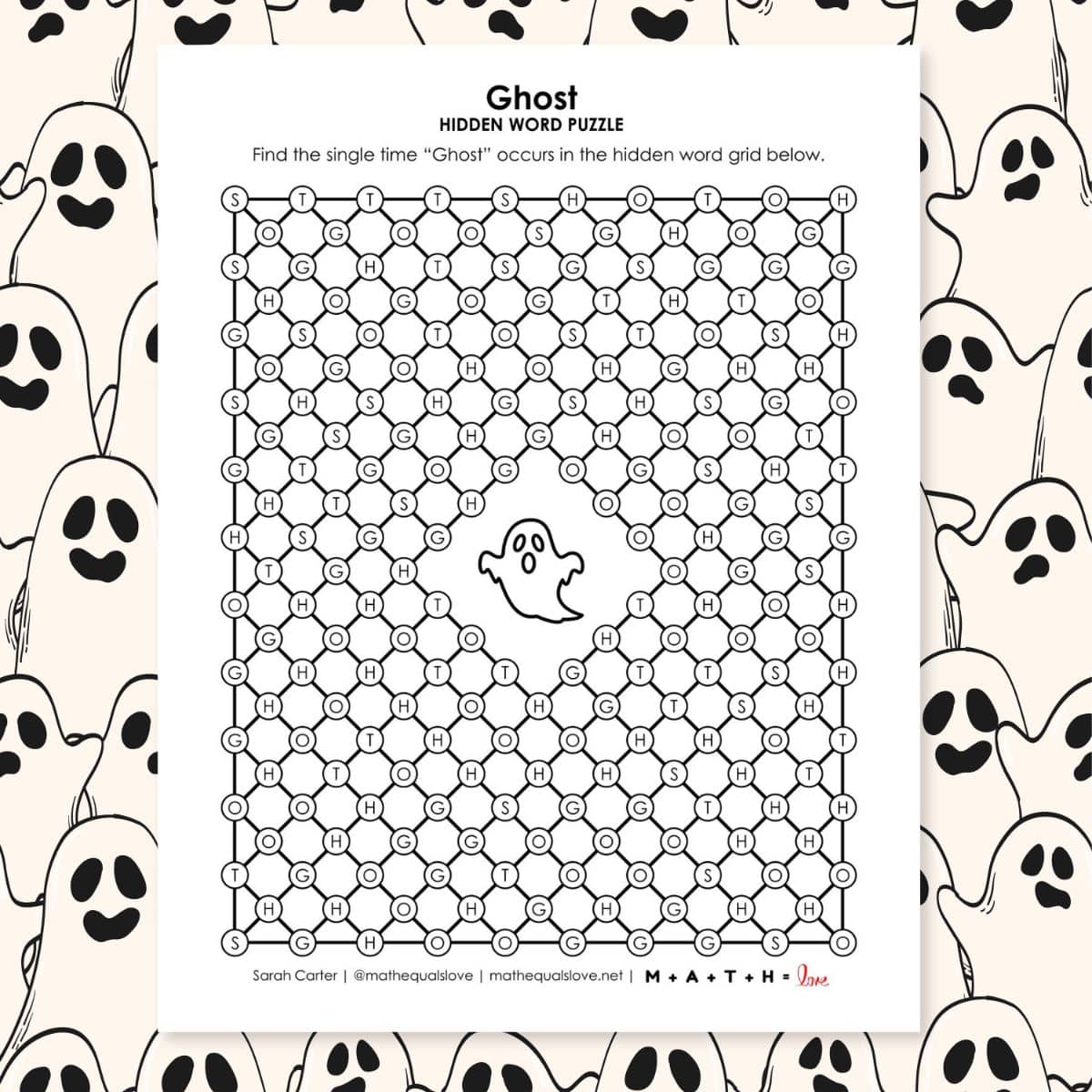 ghost hidden word puzzle for halloween.