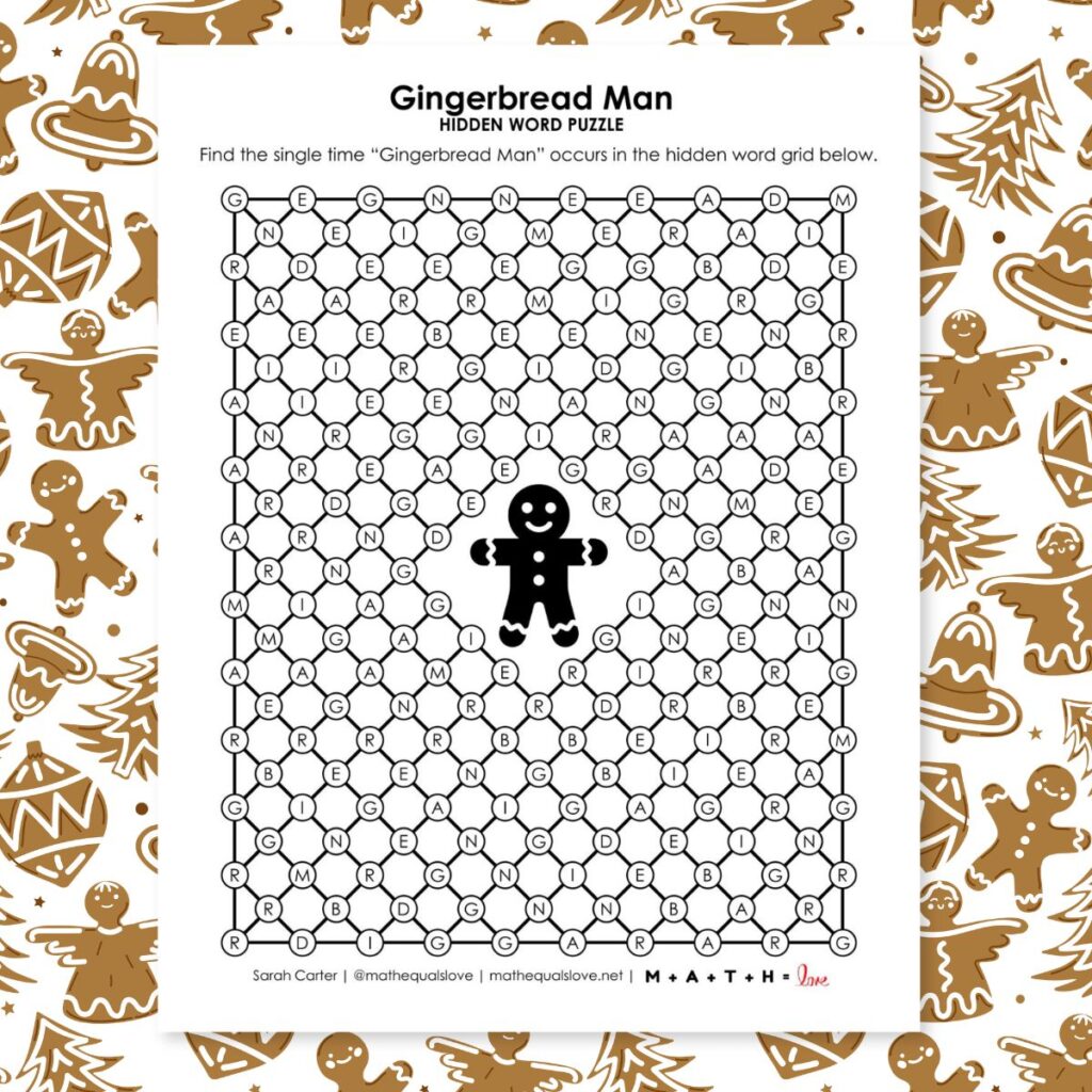 gingerbread man hidden word puzzle for christmas.