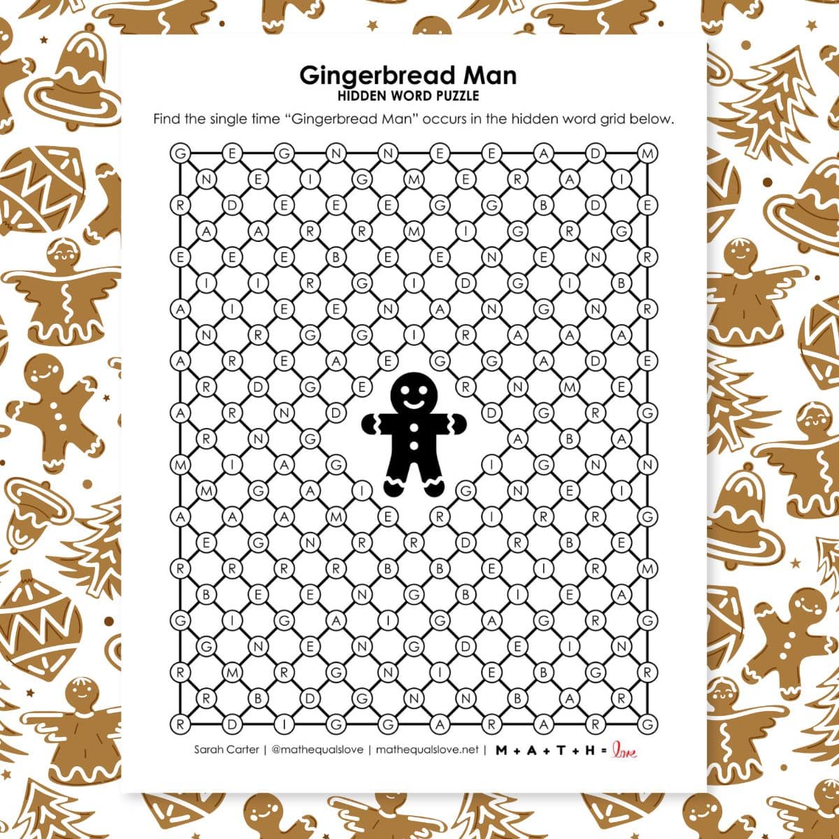 gingerbread man hidden word puzzle for christmas.