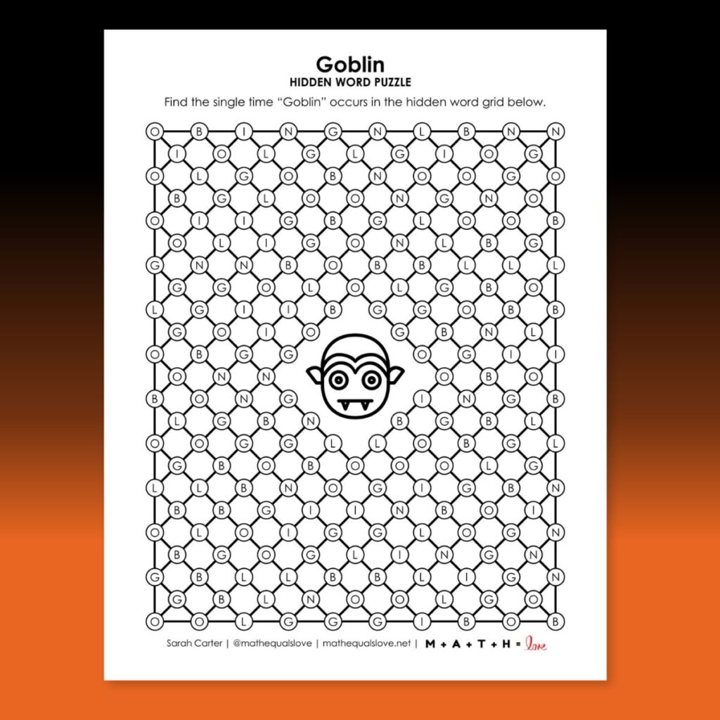 goblin hidden word puzzle for halloween.
