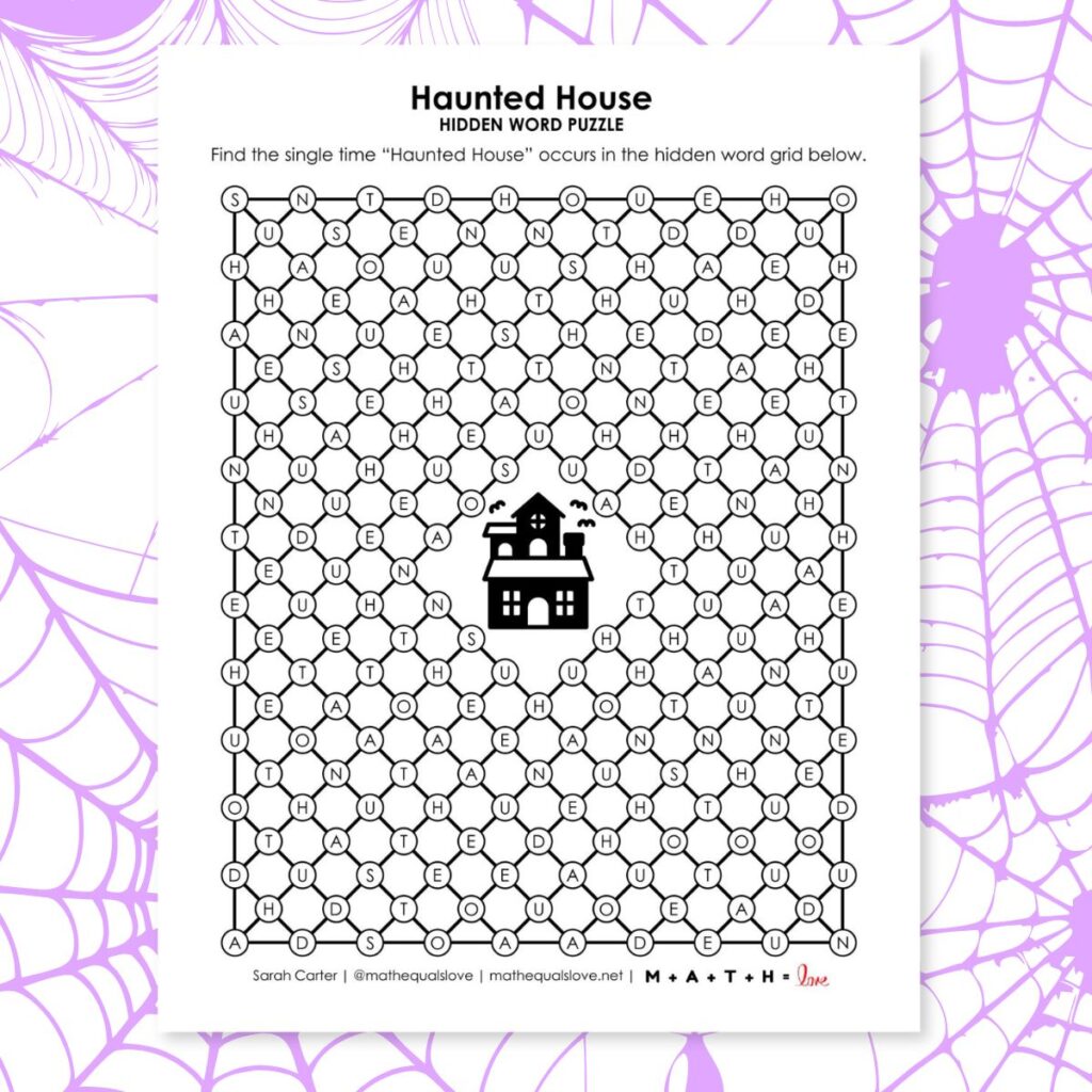 haunted house hidden word puzzle for halloween.