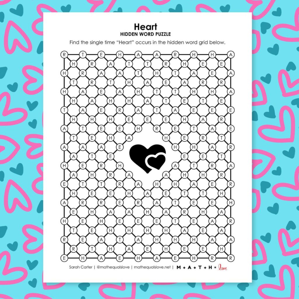 heart hidden word puzzle for valentines day.