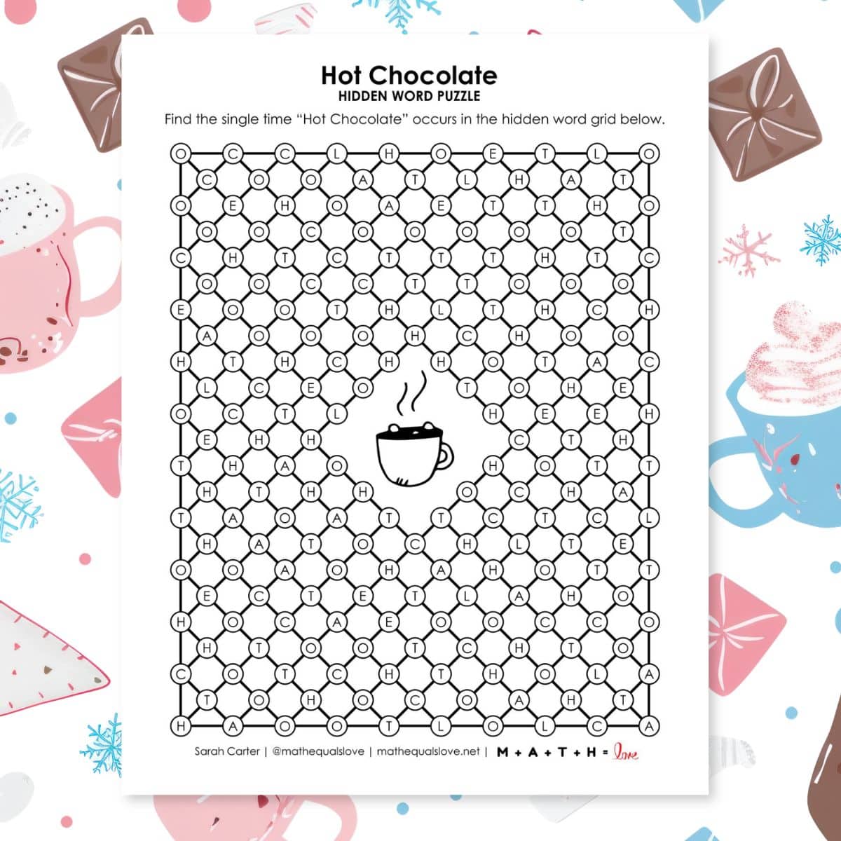 hot chocolate hidden word puzzle for winter.
