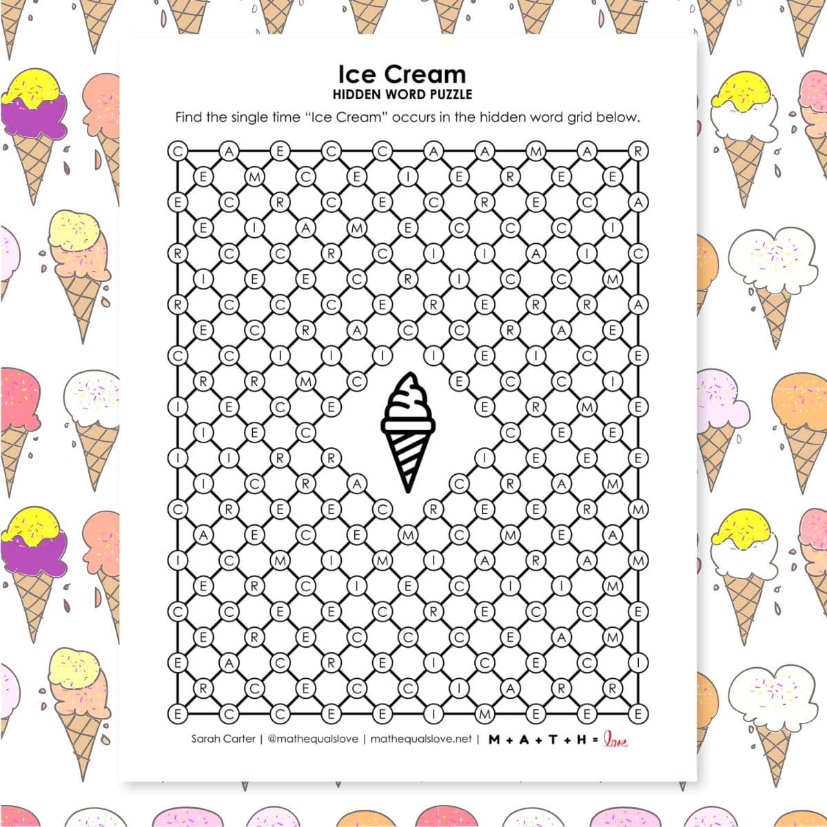 ice cream hidden word puzzle for summer.