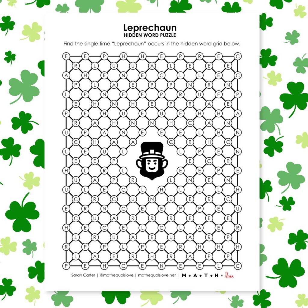 leprechaun hidden word puzzle for st patrick's day.