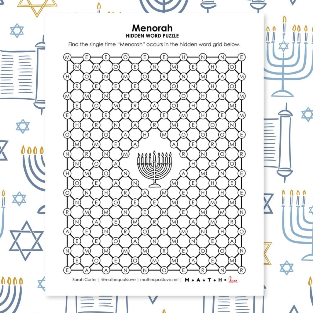 menorah hidden word puzzle for hanukkah.