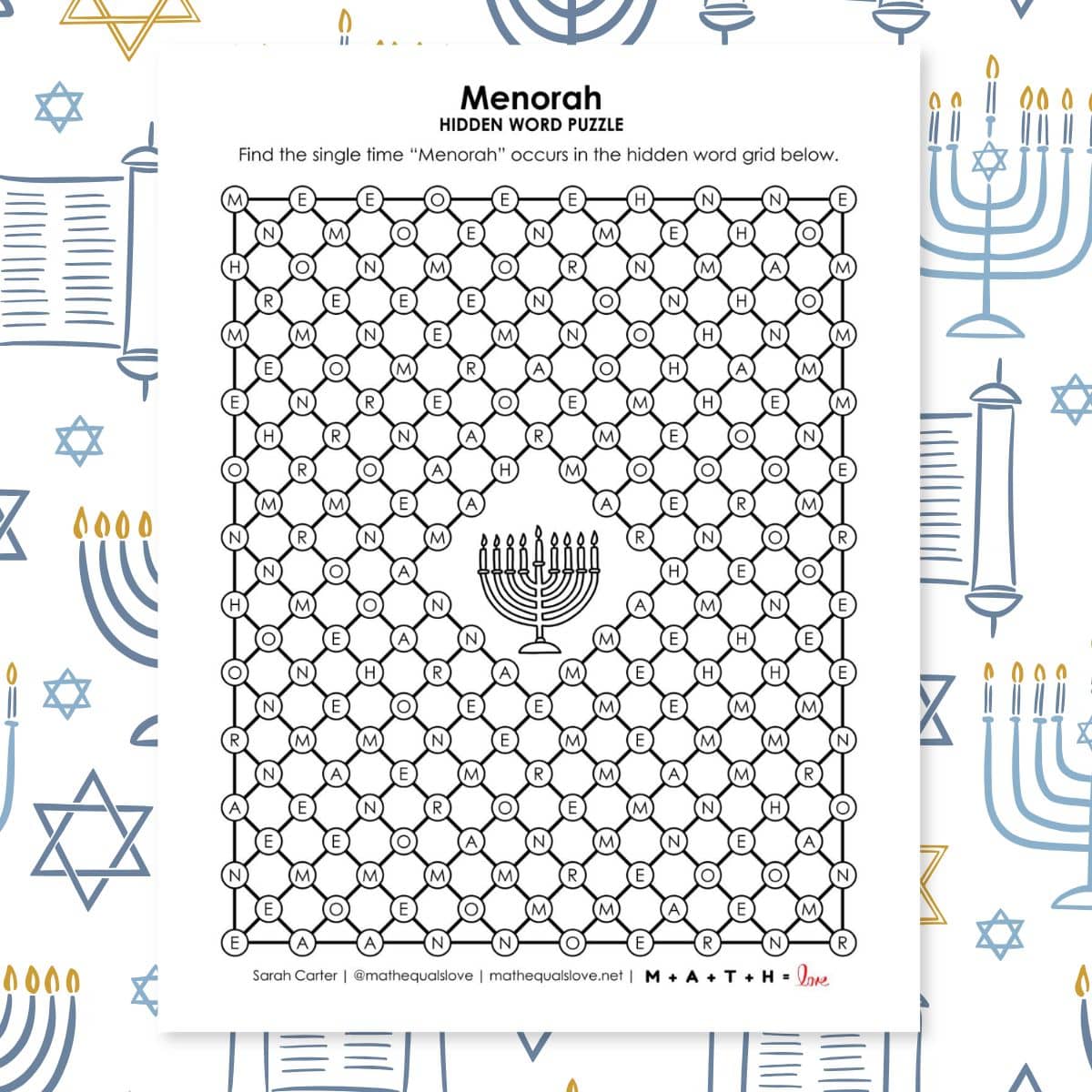 menorah hidden word puzzle for hanukkah.