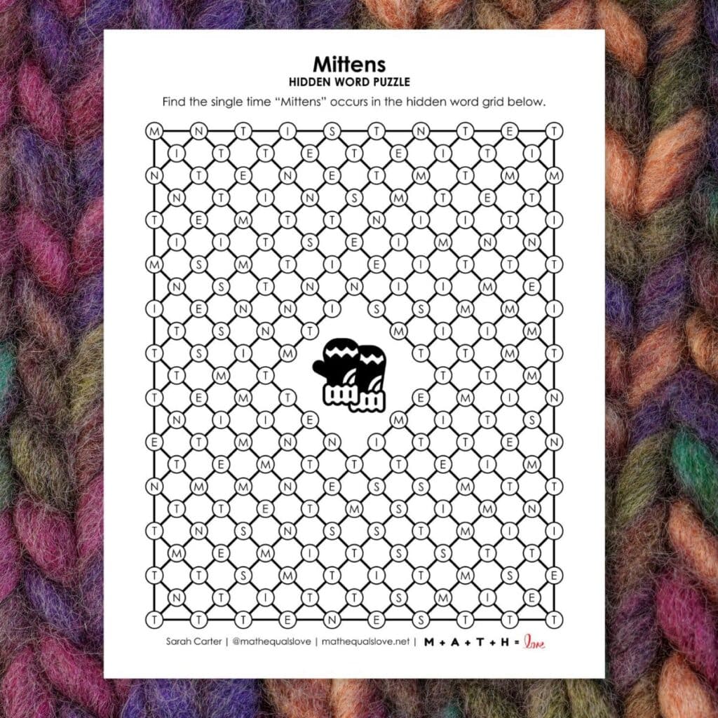 mittens hidden word puzzle for winter.