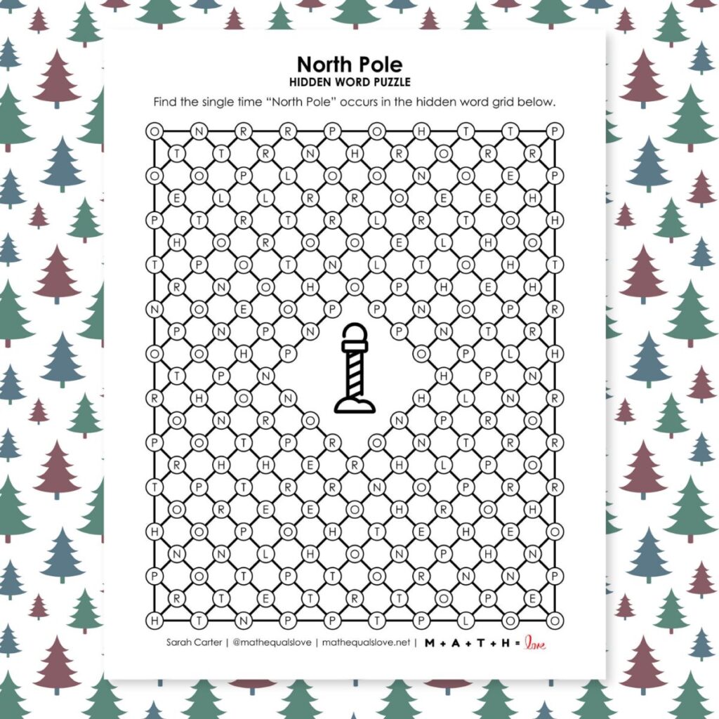 north pole hidden word puzzle for christmas.