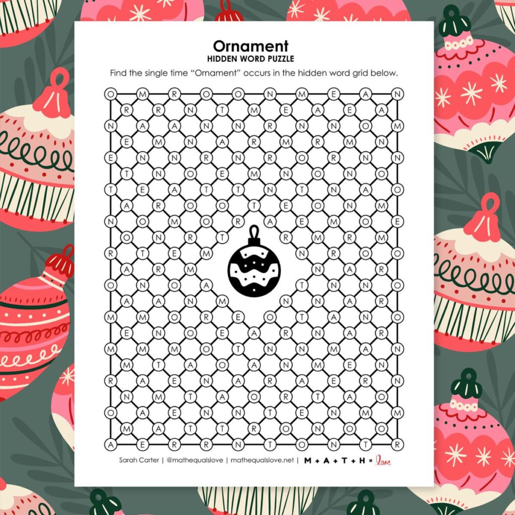 ornament hidden word puzzle for christmas.
