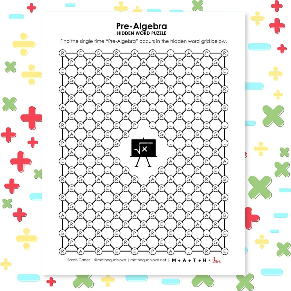 pre-algebra hidden word puzzle.