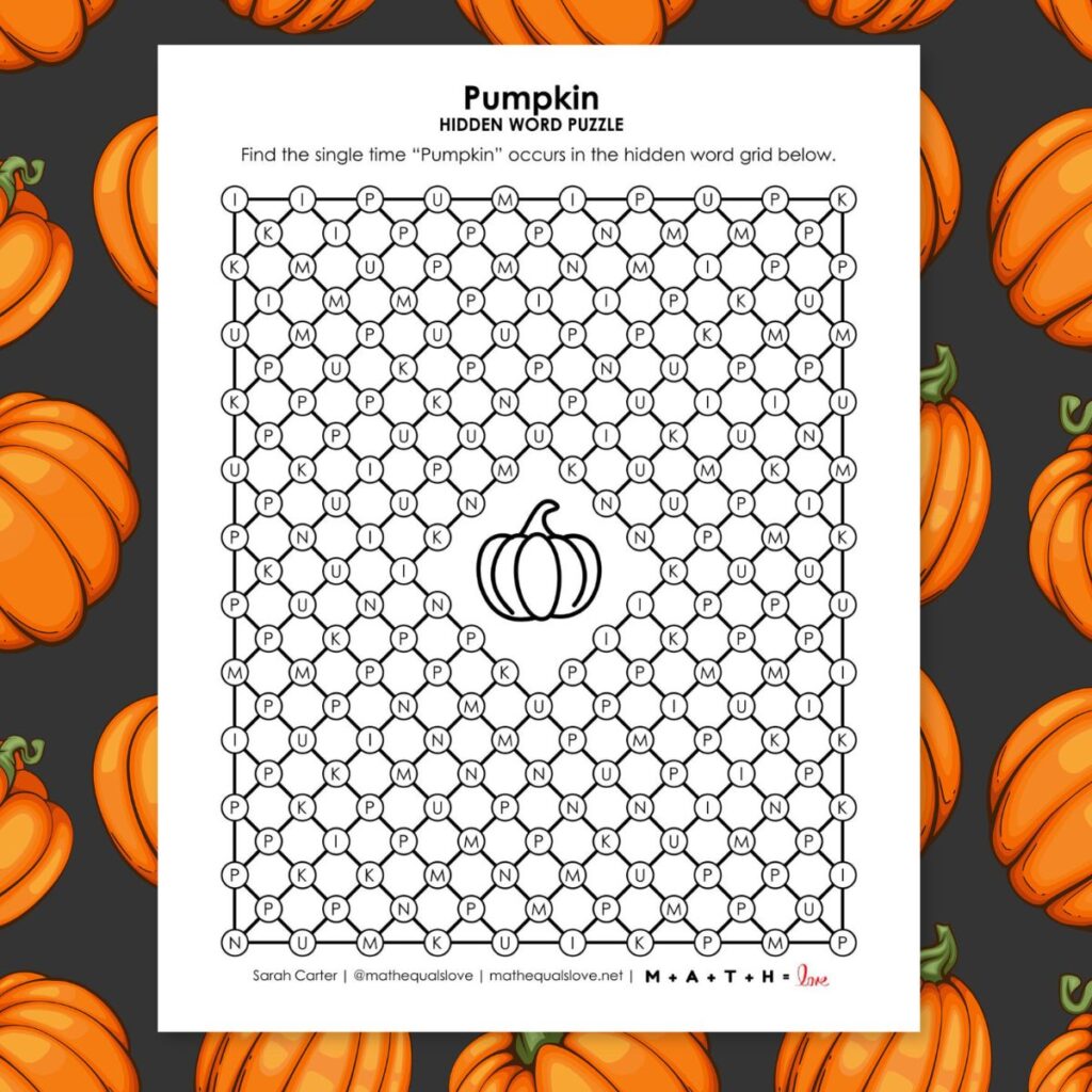 pumpkin hidden word puzzle for fall.