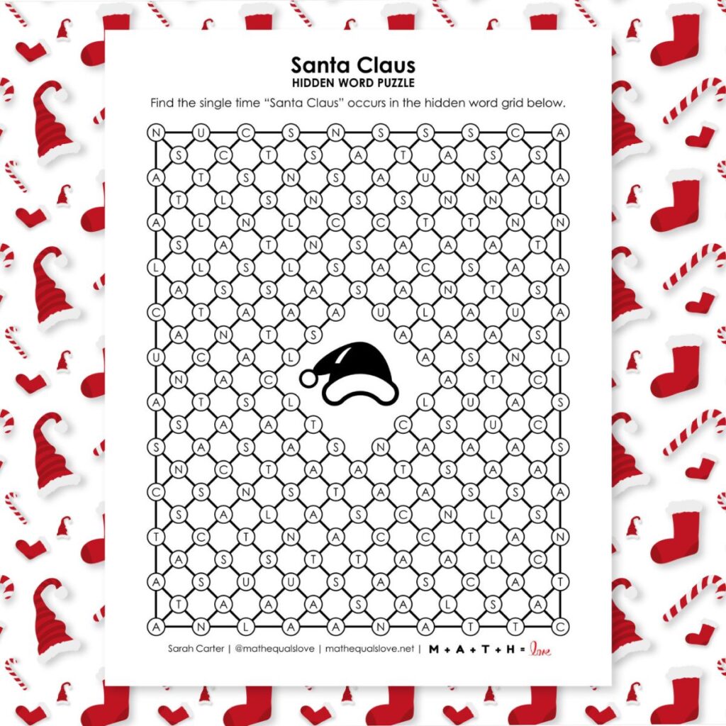santa claus hidden word puzzle for christmas.