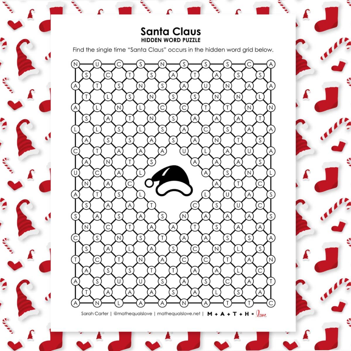 santa claus hidden word puzzle for christmas.
