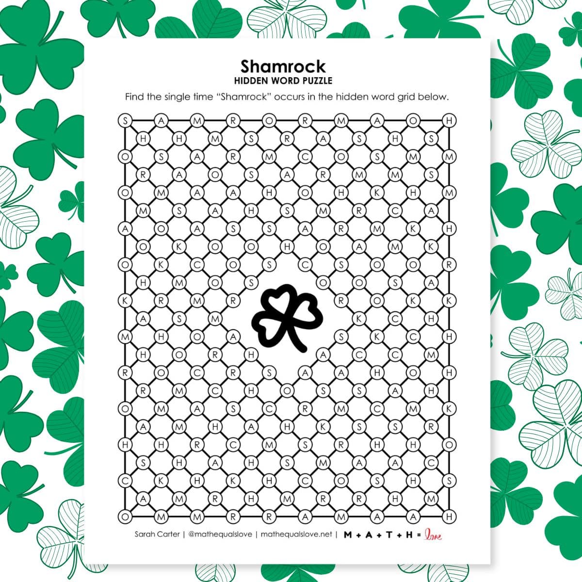 shamrock hidden word puzzle for saint patrick's day.