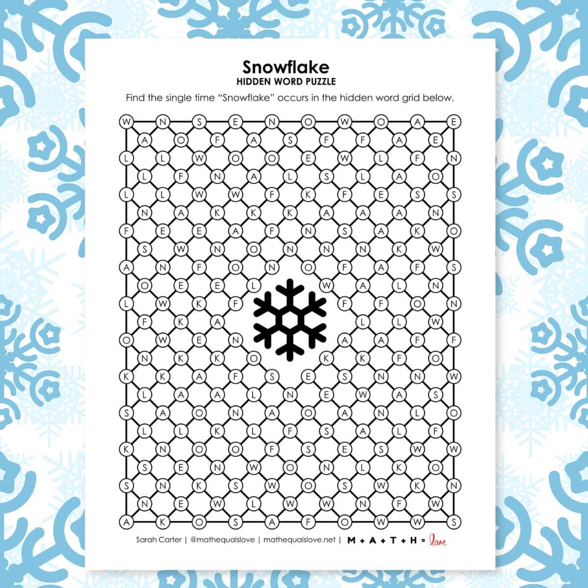 snowflake hidden word puzzle for winter.