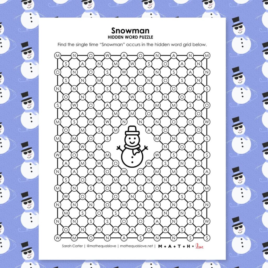 snowman hidden word puzzle for winter.