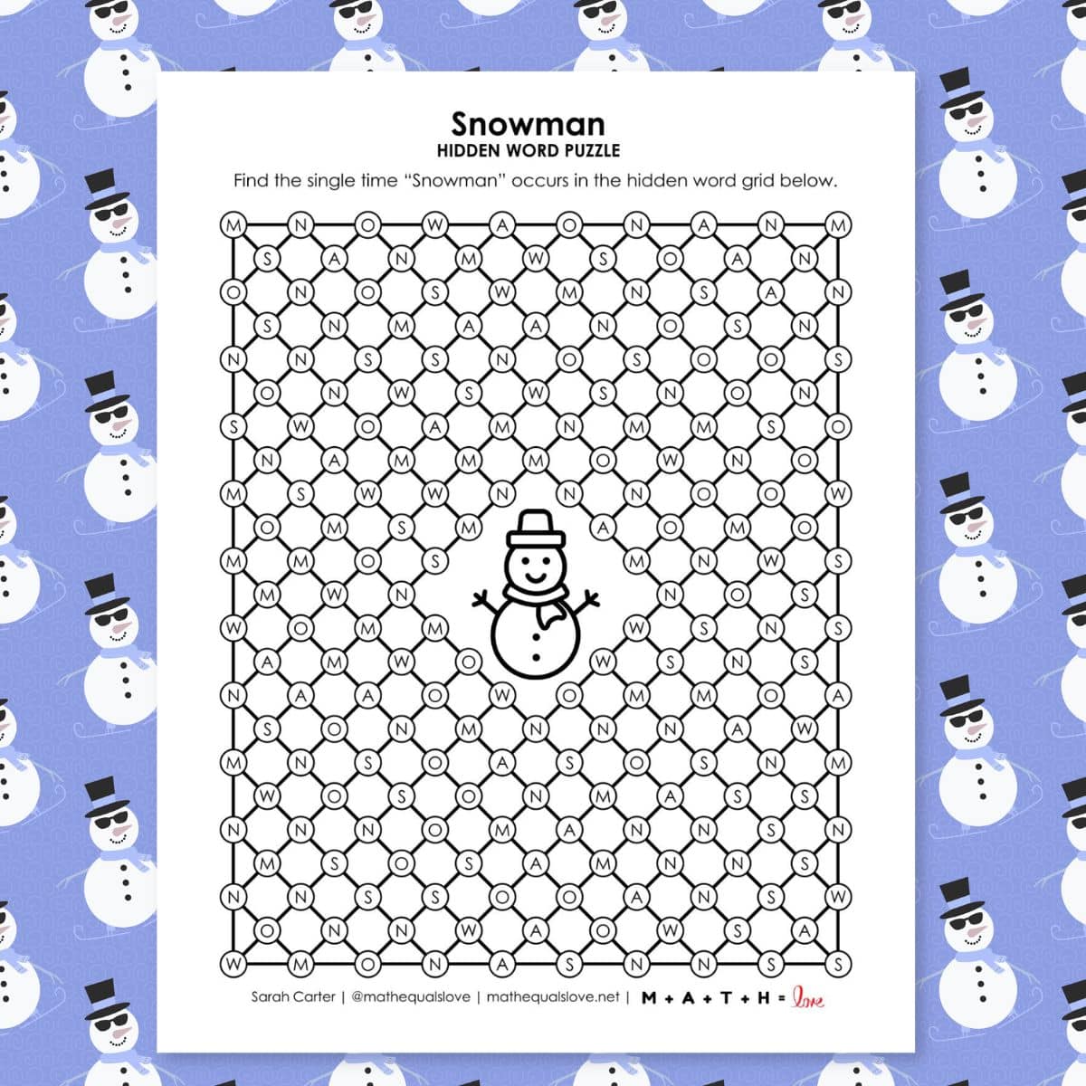 snowman hidden word puzzle for winter.