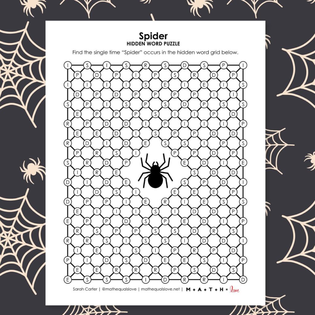 spider hidden word puzzle for halloween.