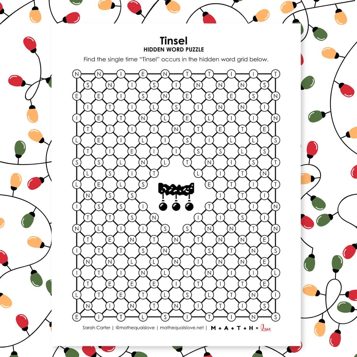 tinsel christmas hidden word puzzle.
