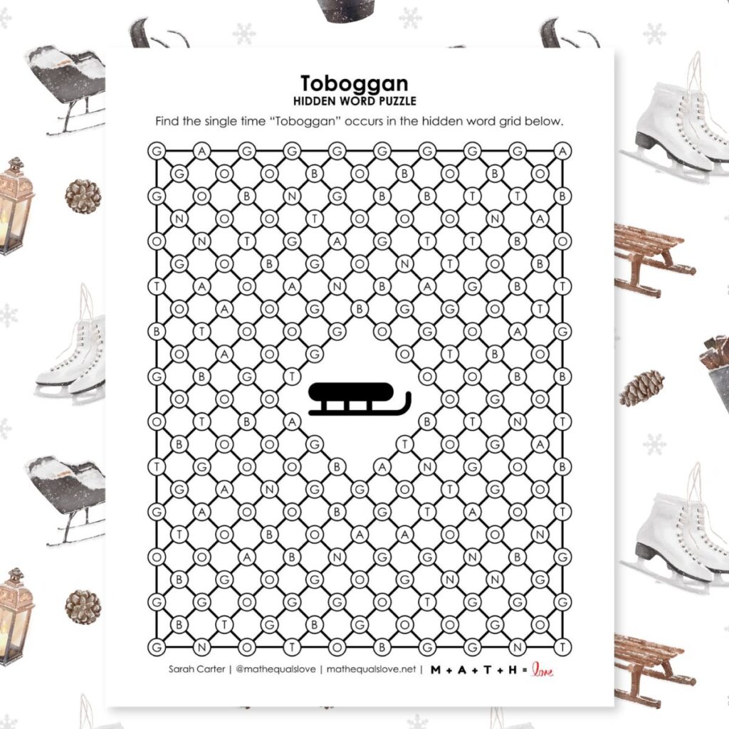 toboggan hidden word puzzle for winter.