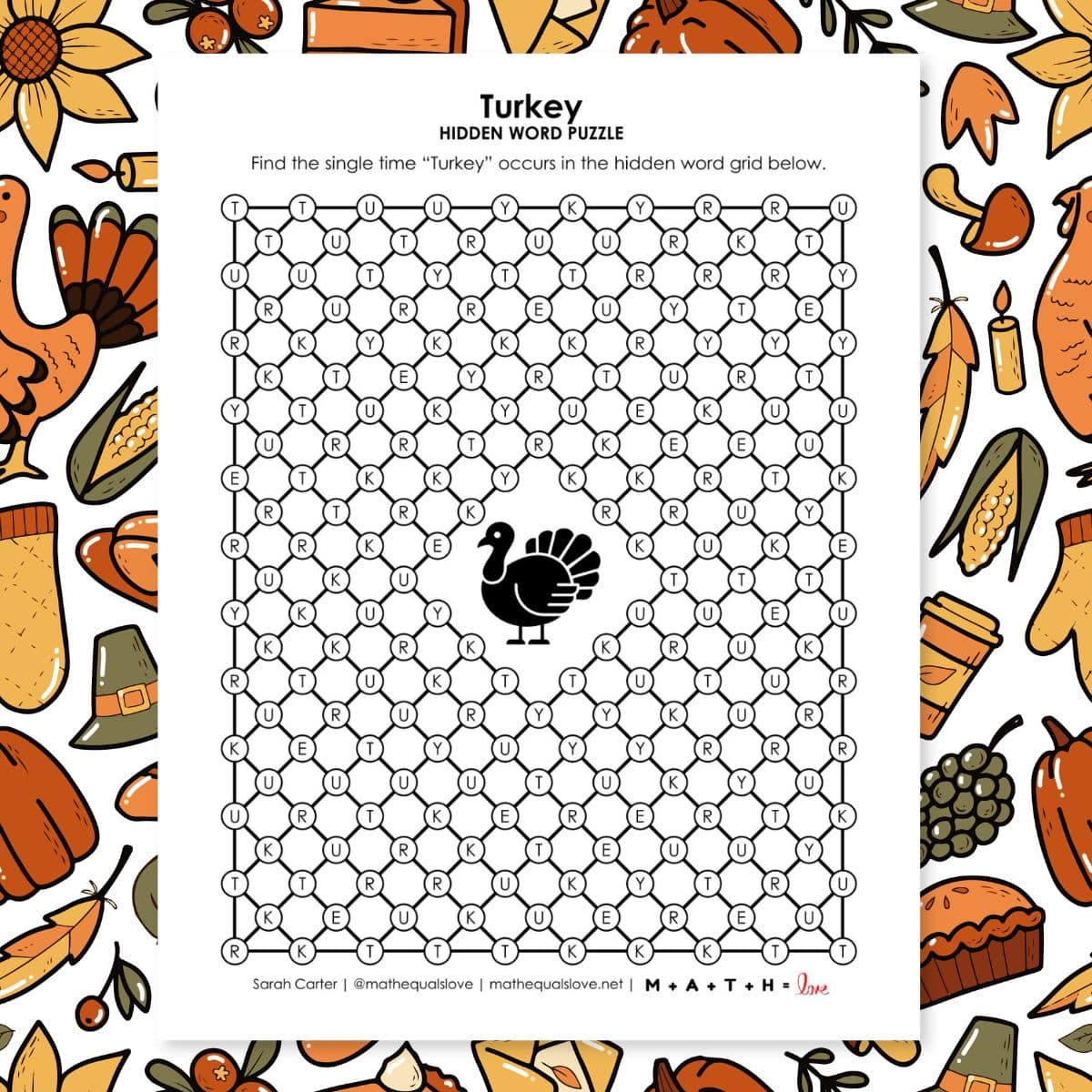 turkey hidden word puzzle for thanksgiving.