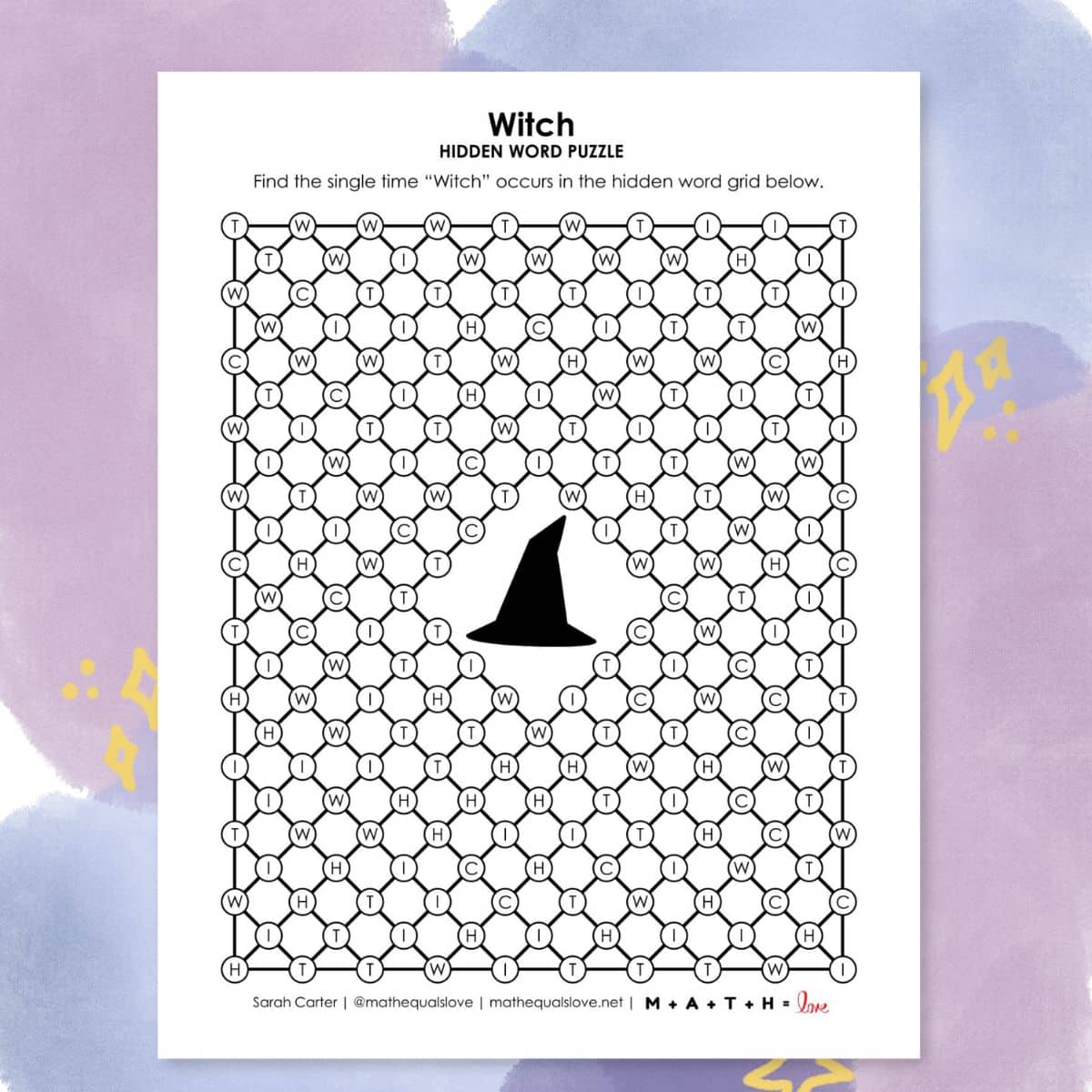 witch hidden word puzzle for halloween.