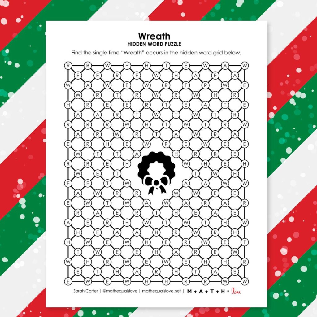 wreath hidden word puzzle for christmas.